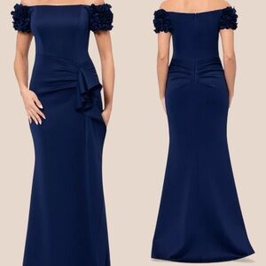 XSCAPE | Women's Floral Off-The-Shoulder Long Dress | Navy | Size 12